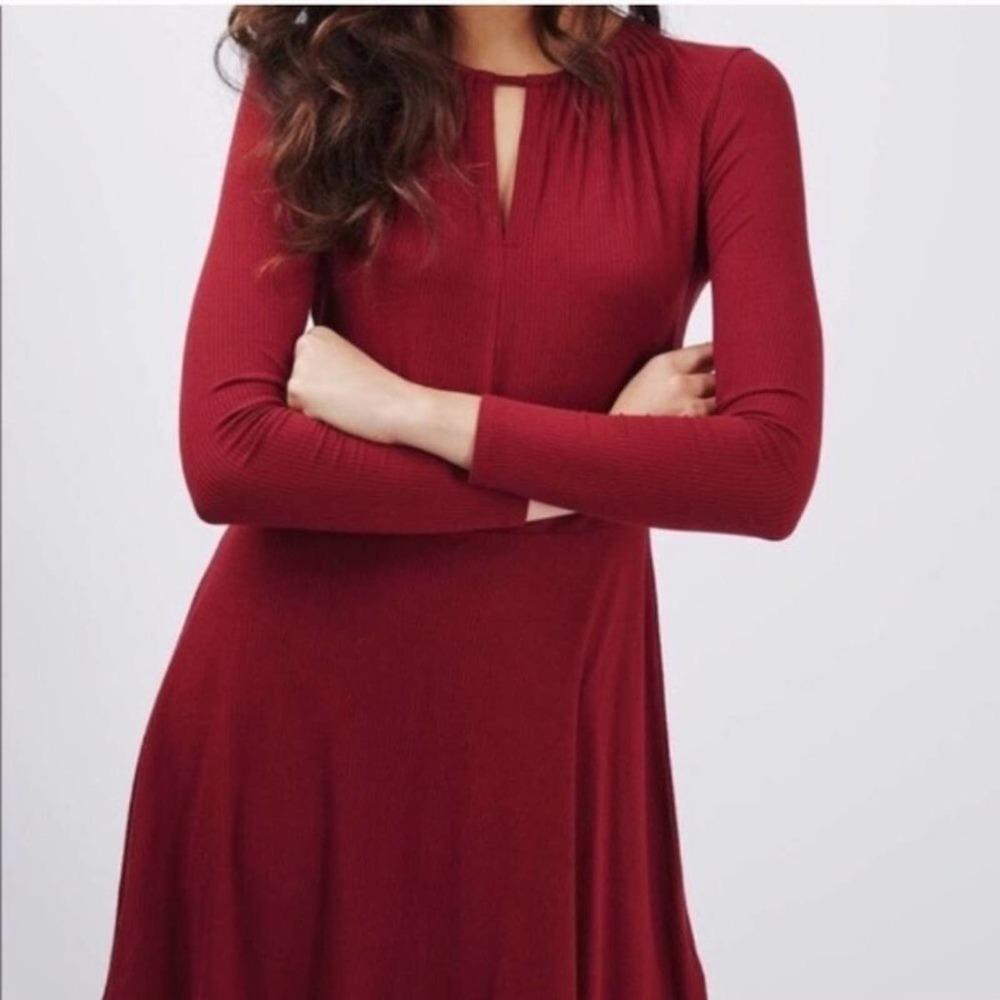 TOPSHOP Ribbed Long Sleeve Burgundy Mini Dress with Keyhole Womens 6